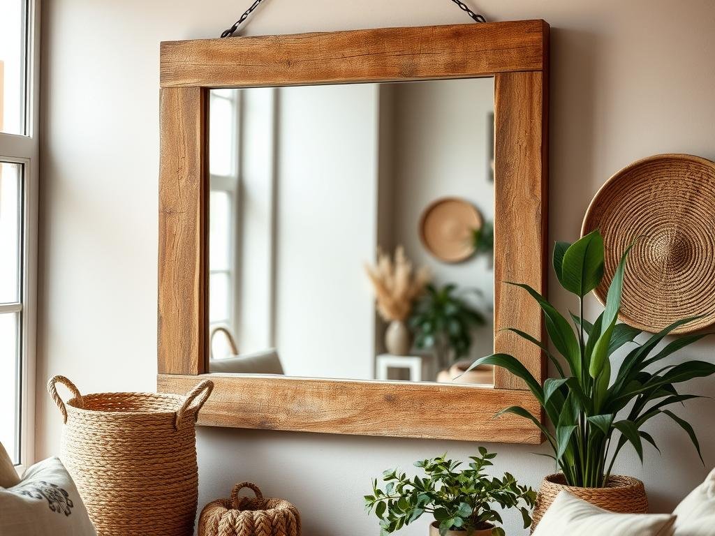 Rustic wooden frame mirror with natural textures hanging in a living room Rustic wooden frame mirror with natural textures hanging in a living room