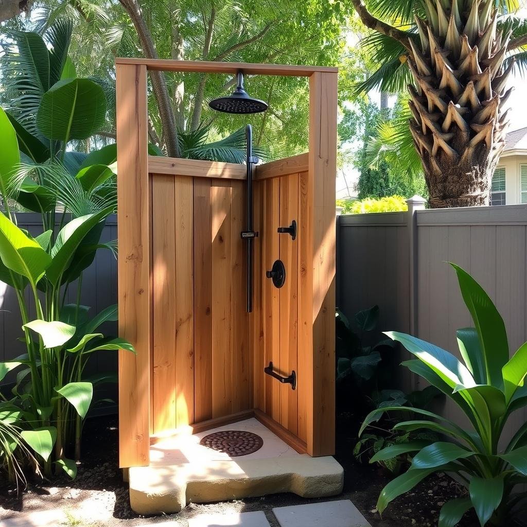 Rustic wooden freestanding outdoor shower with natural stone base