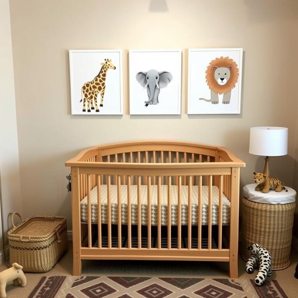 Safari themed baby room with giraffe, elephant and lion wall art, and neutral colors