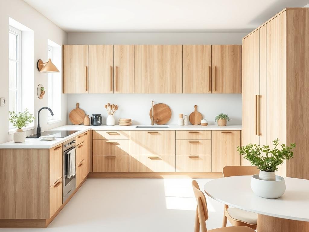 Scandinavian kitchen with light wood cabinets, minimal styling, and natural textures Scandinavian kitchen with light wood cabinets, minimal styling, and natural textures