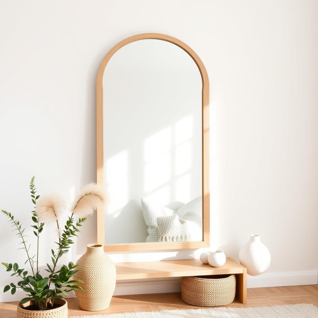Scandinavian style room with simple wooden framed mirror Scandinavian style room with simple wooden framed mirror