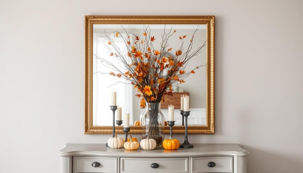 Seasonal vignette with mirror, vase and seasonal elements Seasonal vignette with mirror, vase and seasonal elements