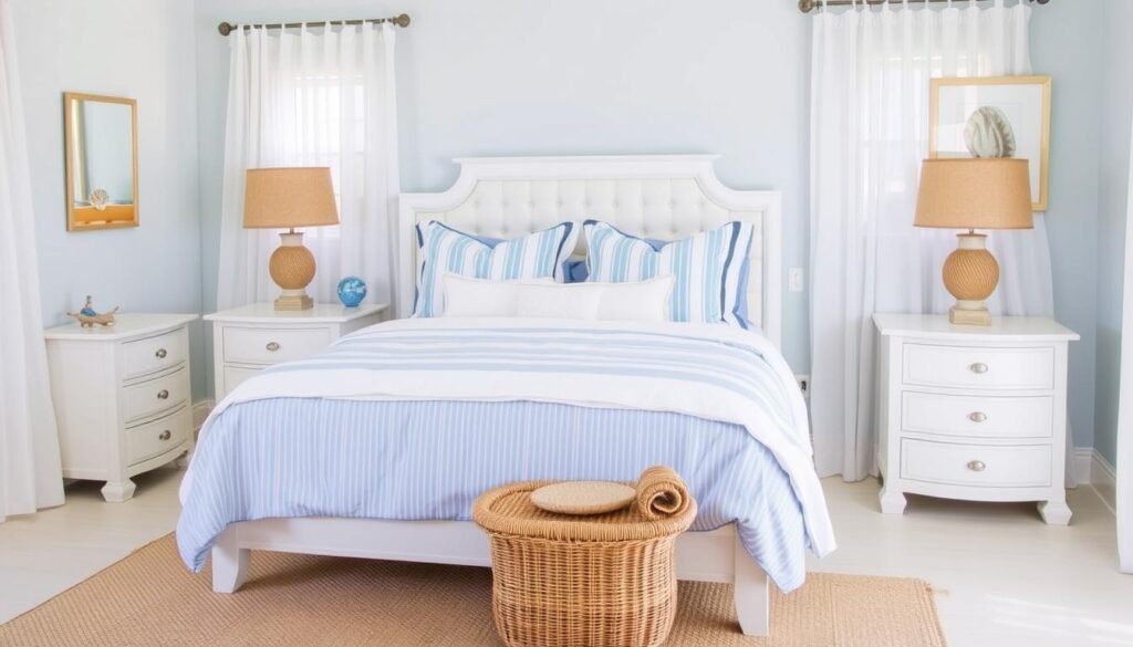 Serene beach-themed bedroom with white bedding, blue accents, and natural wood furniture
