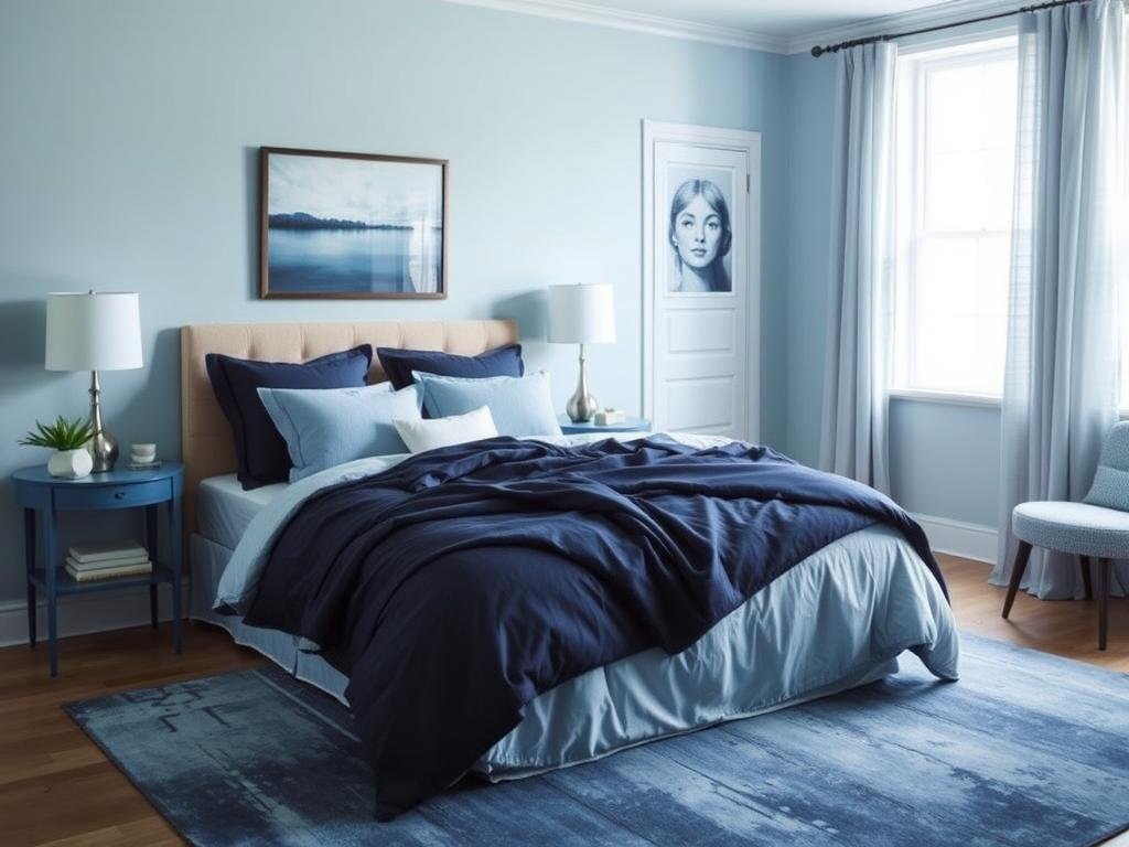 Serene bedroom with monochromatic blue color scheme