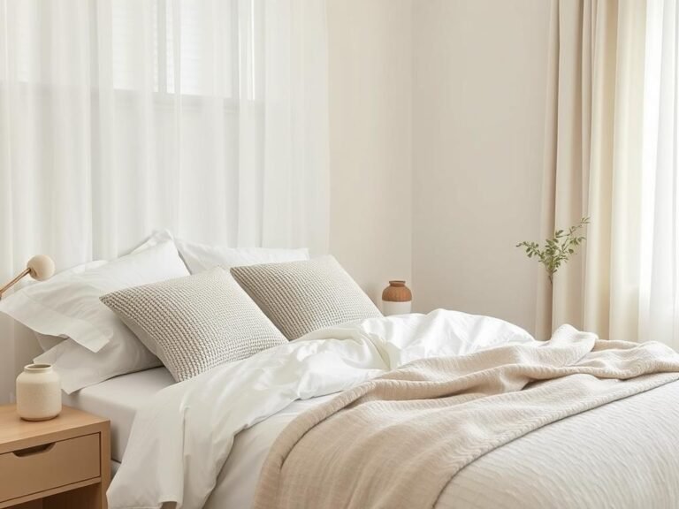 Serene bedroom with neutral color palette, layered textures, and soft lighting