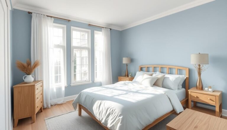 Serene bedroom with soft blue walls, white bedding, and natural wood accents