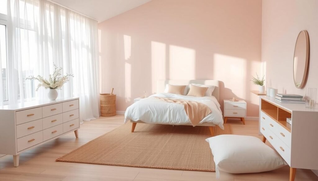 Serene light pink bedroom with minimalist white furniture and natural textures