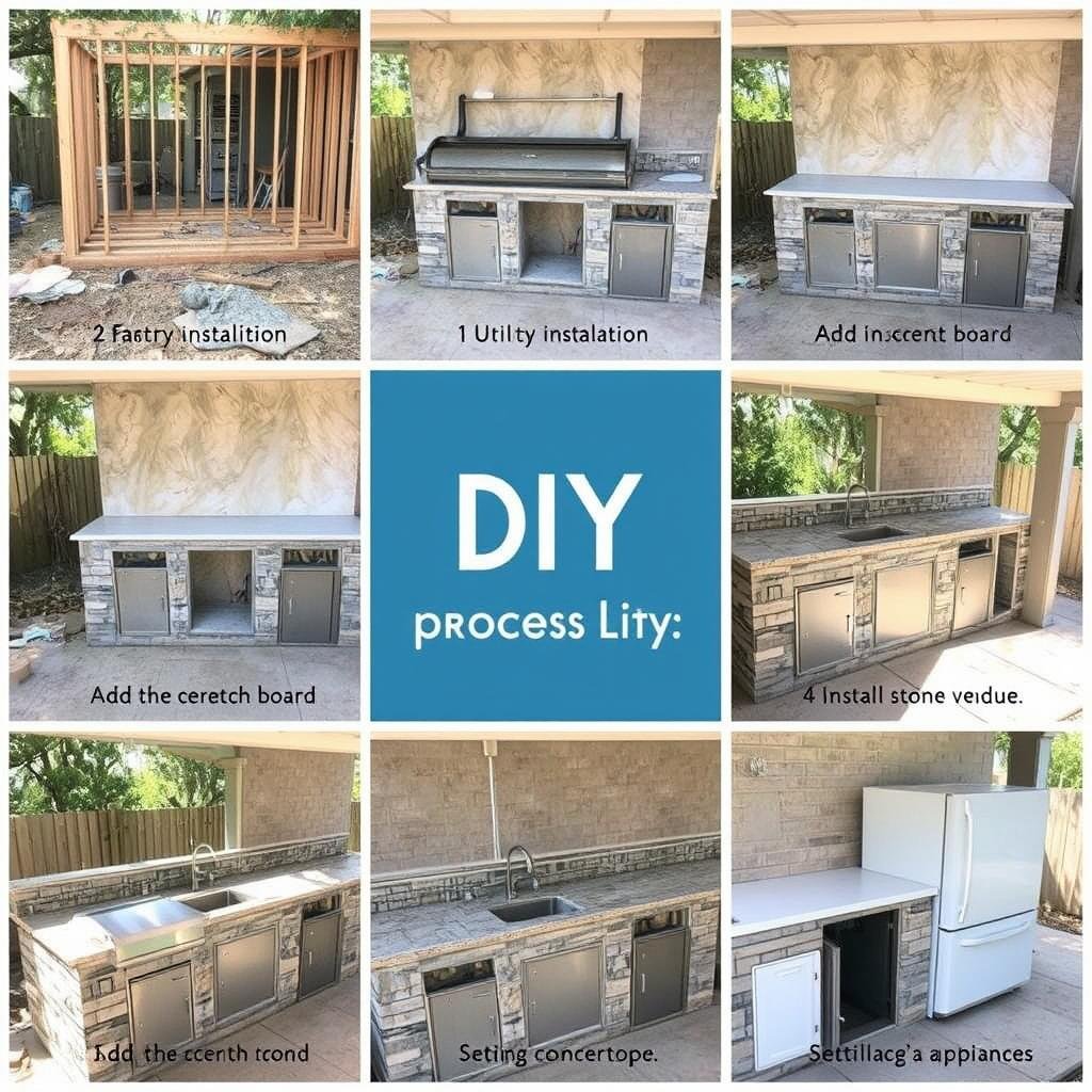 Series of process photos showing outdoor kitchen construction