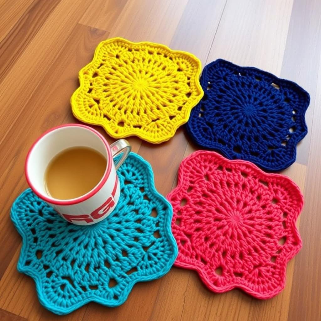 Set of four colorful crochet coasters with geometric patterns Set of four colorful crochet coasters with geometric patterns