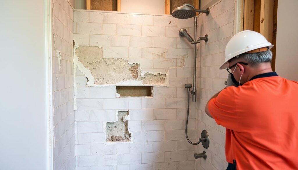 Shower remodeling process showing demolition of old shower Shower remodeling process showing demolition of old shower