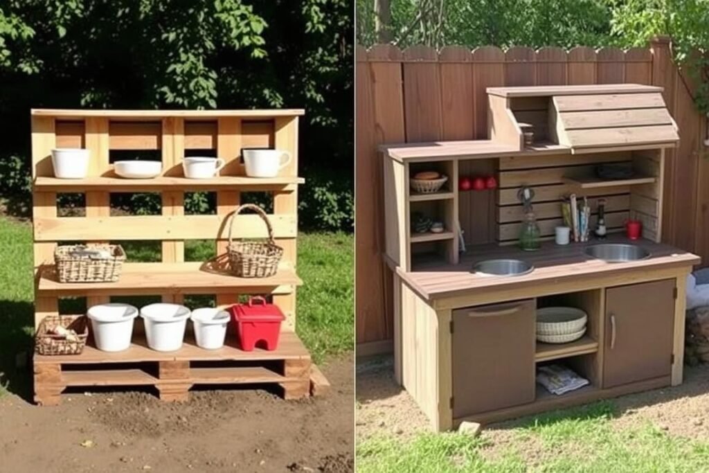Side-by-side comparison of a DIY pallet mud kitchen and a commercial pre-made mud kitchen in outdoor settings Side-by-side comparison of a DIY pallet mud kitchen and a commercial pre-made mud kitchen in outdoor settings