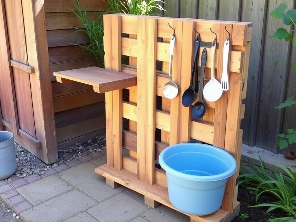 Simple DIY mud kitchen made from a single wooden pallet with basic accessories Simple DIY mud kitchen made from a single wooden pallet with basic accessories