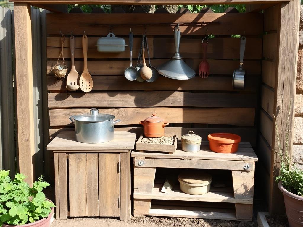 Simple DIY mud kitchen made from repurposed materials including wooden crates and old kitchen utensils Simple DIY mud kitchen made from repurposed materials including wooden crates and old kitchen utensils