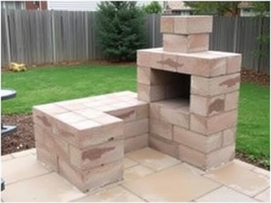 Simple DIY outdoor fireplace made from cinder blocks in a backyard setting