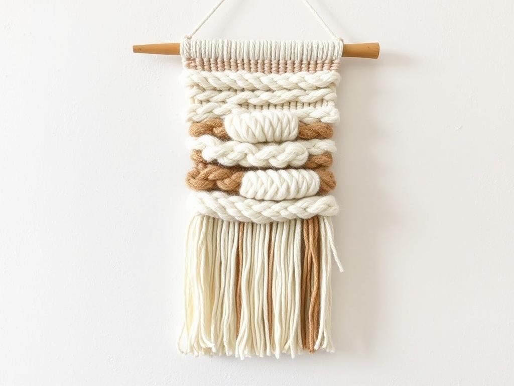 Simple DIY woven wall hanging made with yarn in neutral colors on a wooden dowel