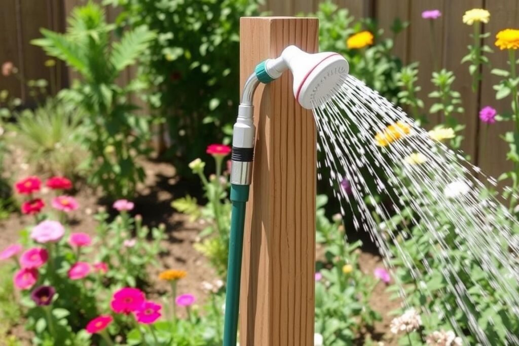 Simple garden hose shower attachment mounted on wooden post Simple garden hose shower attachment mounted on wooden post