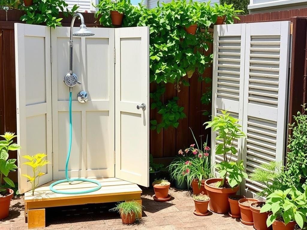 Simple garden hose shower with creative upcycled privacy screen