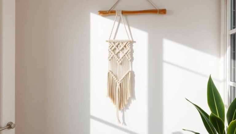 Simple macramé wall hanging with natural cotton rope against a white wall, easy diy room decor project
