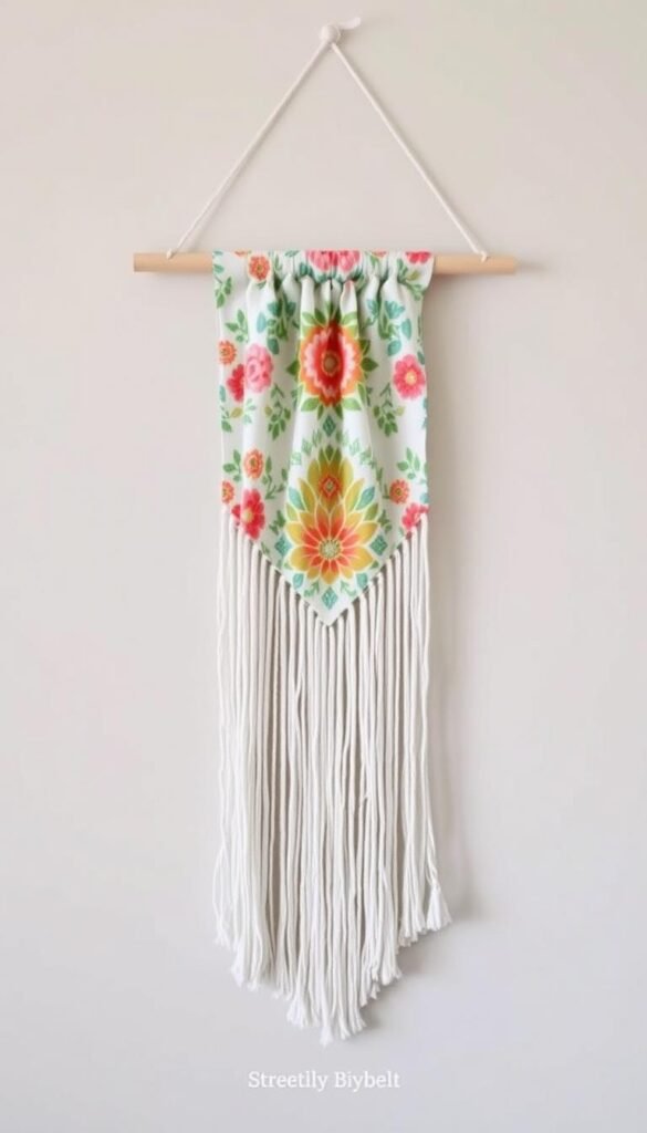 Simple no-sew fabric wall hanging with wooden dowel and tassels