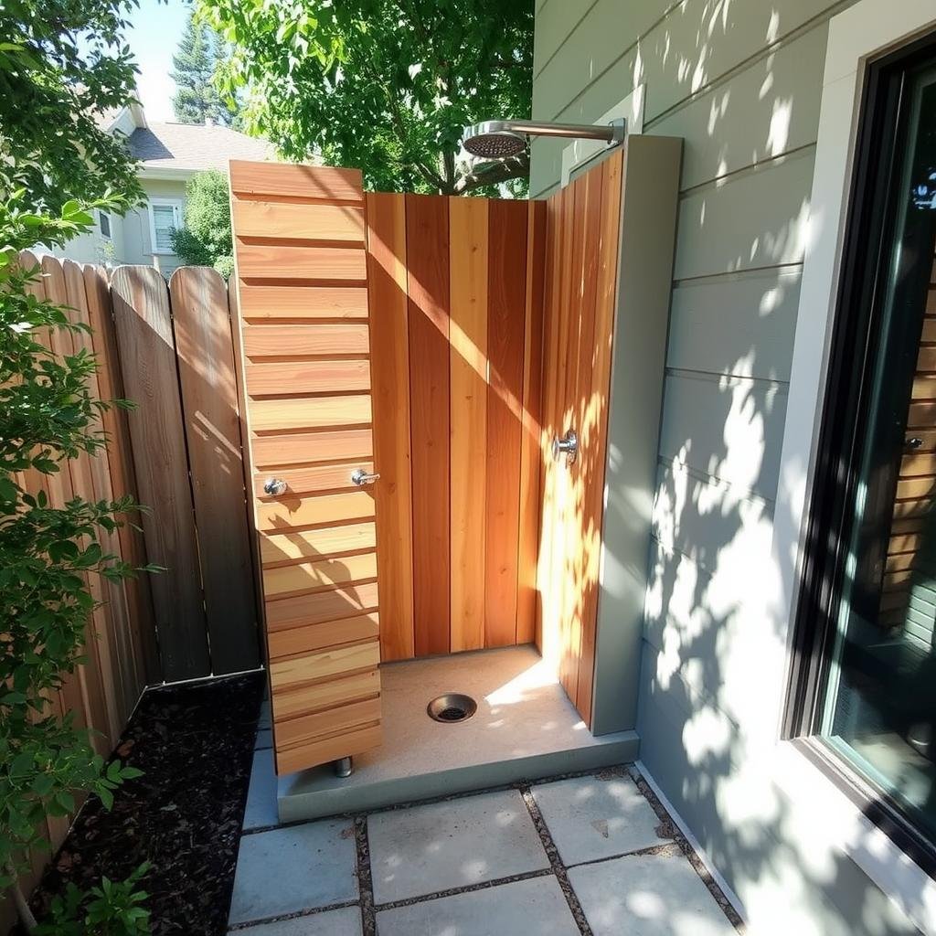 Simple wall-mounted outdoor shower with wooden privacy screen and stone floor