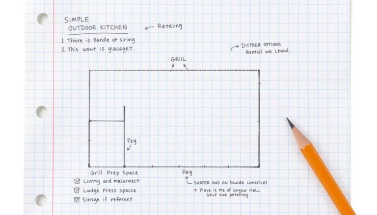Sketch of an outdoor kitchen layout with measurements and notes showing budget planning