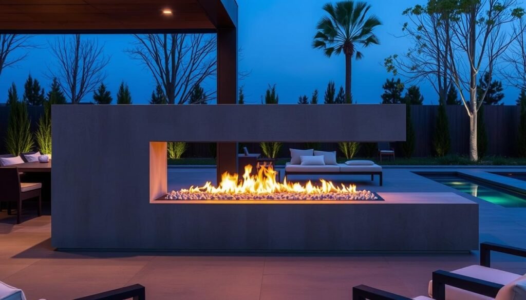 Sleek modern outdoor fireplace with linear design and glass media