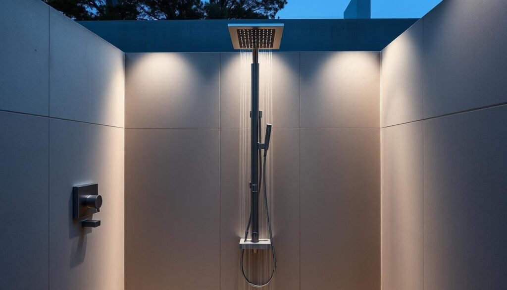 Sleek modern outdoor shower with concrete and stainless steel
