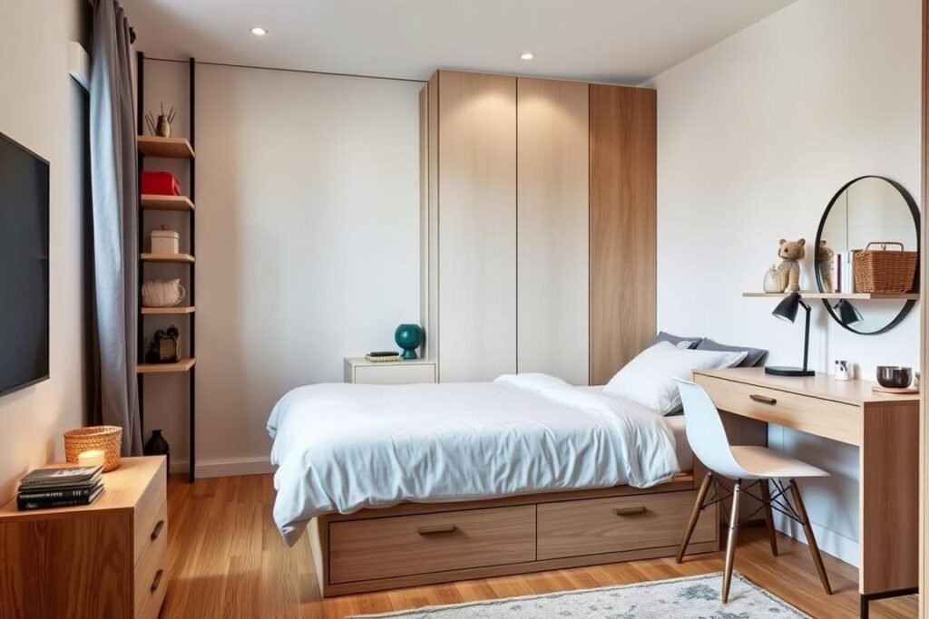 Small aesthetic bedroom with space-saving solutions, vertical storage, and mirrors showing aesthetic room decor ideas Small aesthetic bedroom with space-saving solutions, vertical storage, and mirrors showing aesthetic room decor ideas