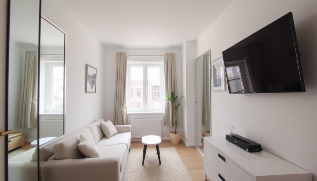 Small apartment with strategically placed mirrors to create illusion of space Small apartment with strategically placed mirrors to create illusion of space