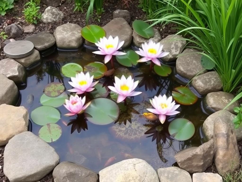 Small backyard pond with water lilies and decorative rocks