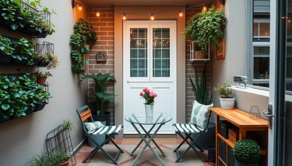 Small balcony transformed into cozy outdoor living space with compact furniture