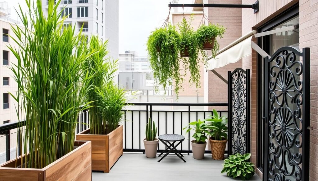 Small balcony with creative privacy solutions including tall planters and hanging plants