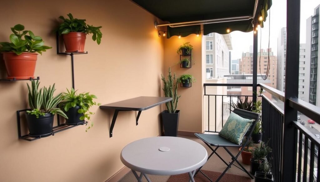 Small balcony with space-saving furniture including a folding table and compact chairs Small balcony with space-saving furniture including a folding table and compact chairs