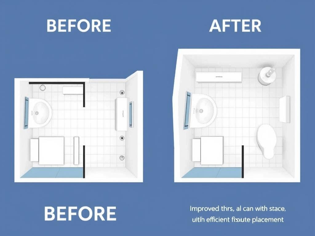 Small bathroom layout optimization showing before and after floor plans Small bathroom layout optimization showing before and after floor plans