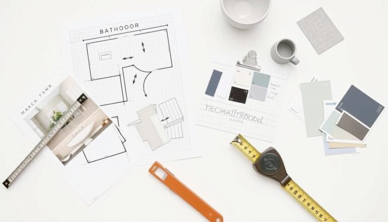 Small bathroom remodel planning with layout sketches, material samples, and measuring tape