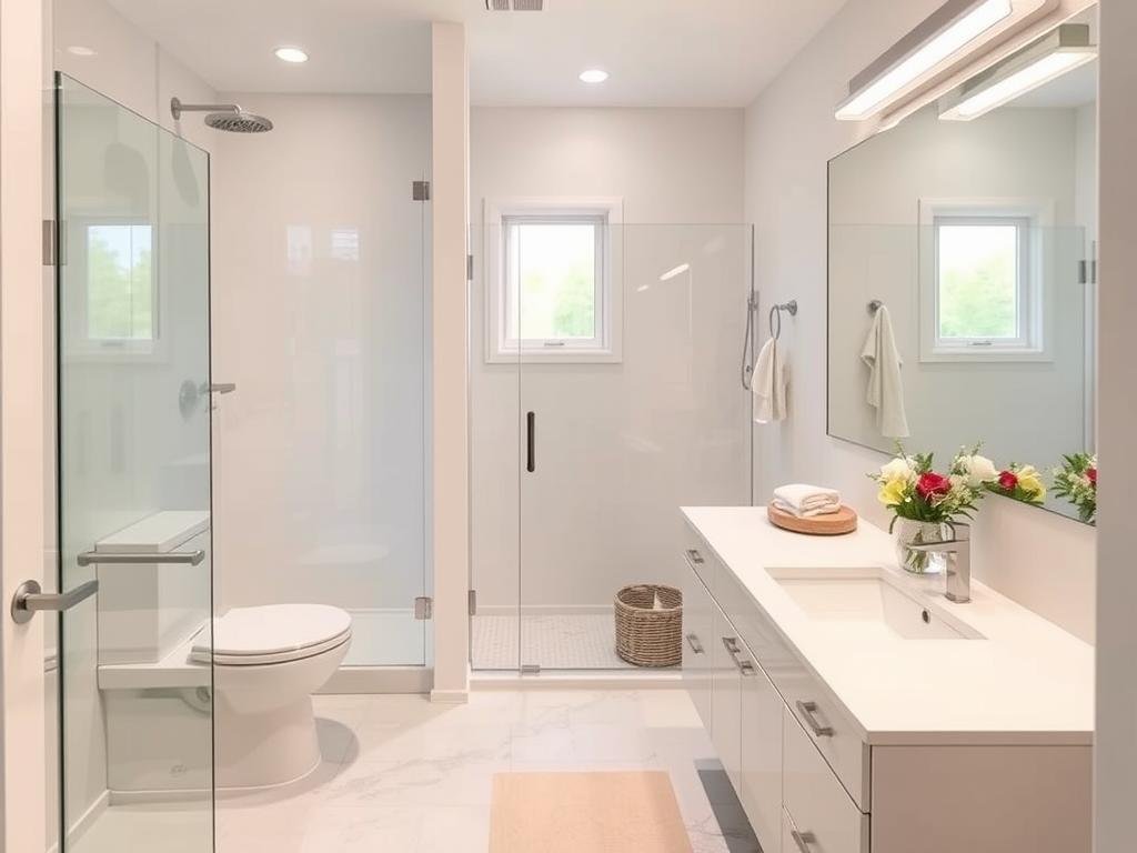 Small bathroom remodel with space-saving features and visual tricks to make it appear larger Small bathroom remodel with space-saving features and visual tricks to make it appear larger