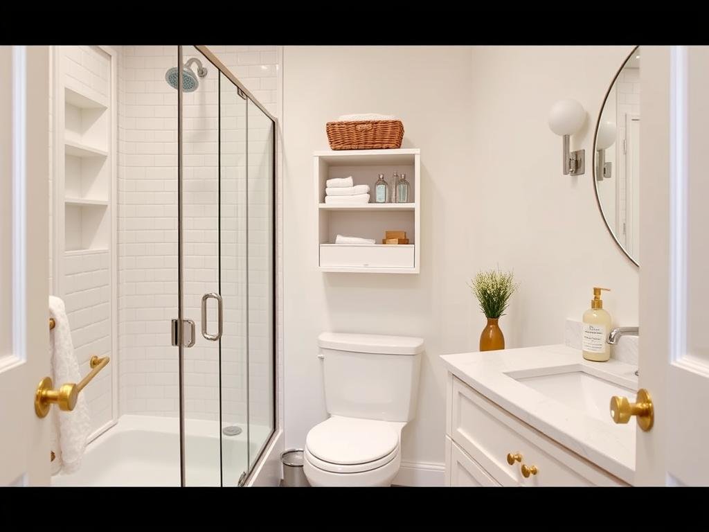 Small bathroom with creative storage solutions including recessed shelving and over-toilet storage Small bathroom with creative storage solutions including recessed shelving and over-toilet storage