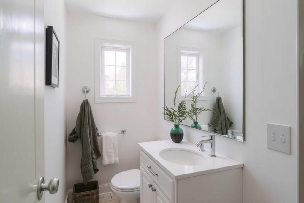 Small bathroom with strategically placed mirror to create illusion of more space Small bathroom with strategically placed mirror to create illusion of more space