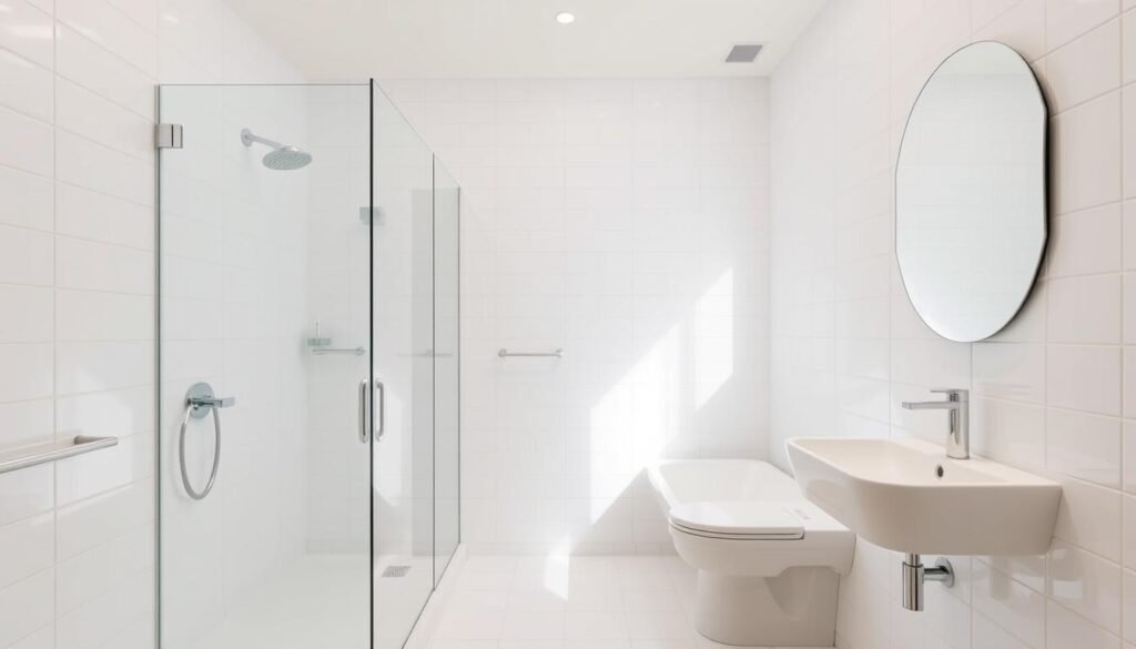 Small bathroom with visual space-enhancing design elements including large mirror and consistent tile Small bathroom with visual space-enhancing design elements including large mirror and consistent tile