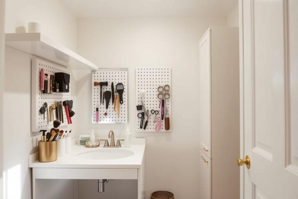 Small beauty room with vertical storage solutions and wall-mounted organizers