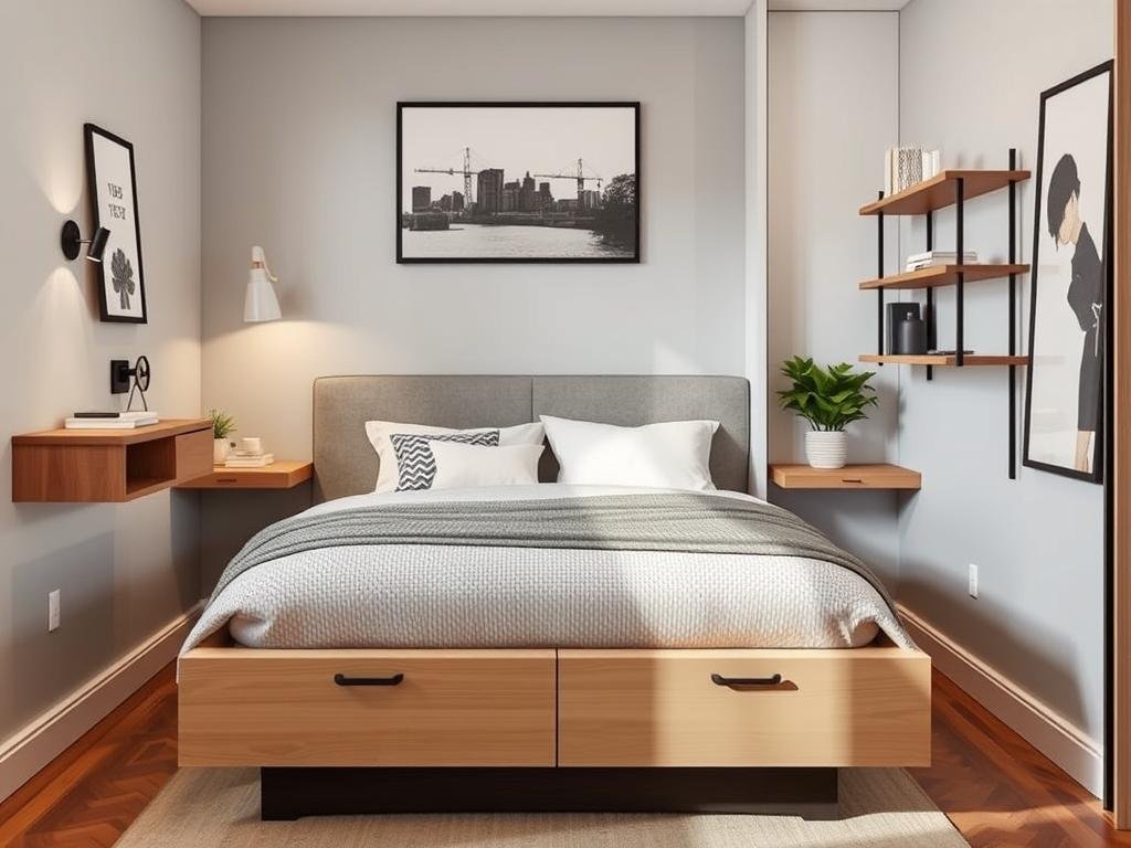 Small bedroom with space-saving furniture including wall-mounted nightstands and under-bed storage