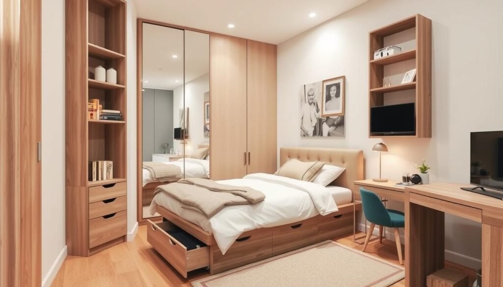 Small bedroom with space-saving furniture, vertical storage, and light colors Small bedroom with space-saving furniture, vertical storage, and light colors