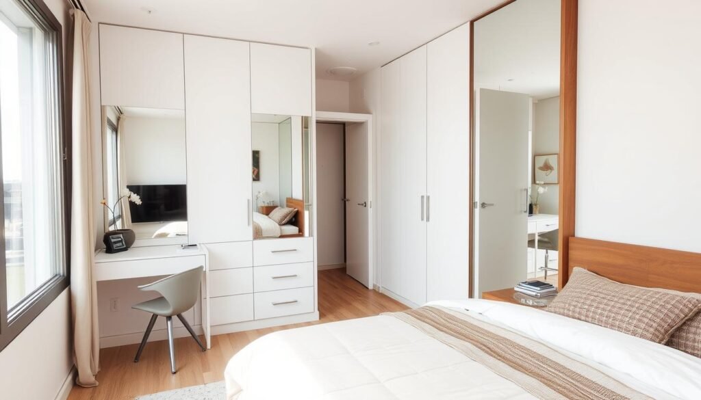 Small bedroom with strategically placed mirrors to create illusion of space Small bedroom with strategically placed mirrors to create illusion of space