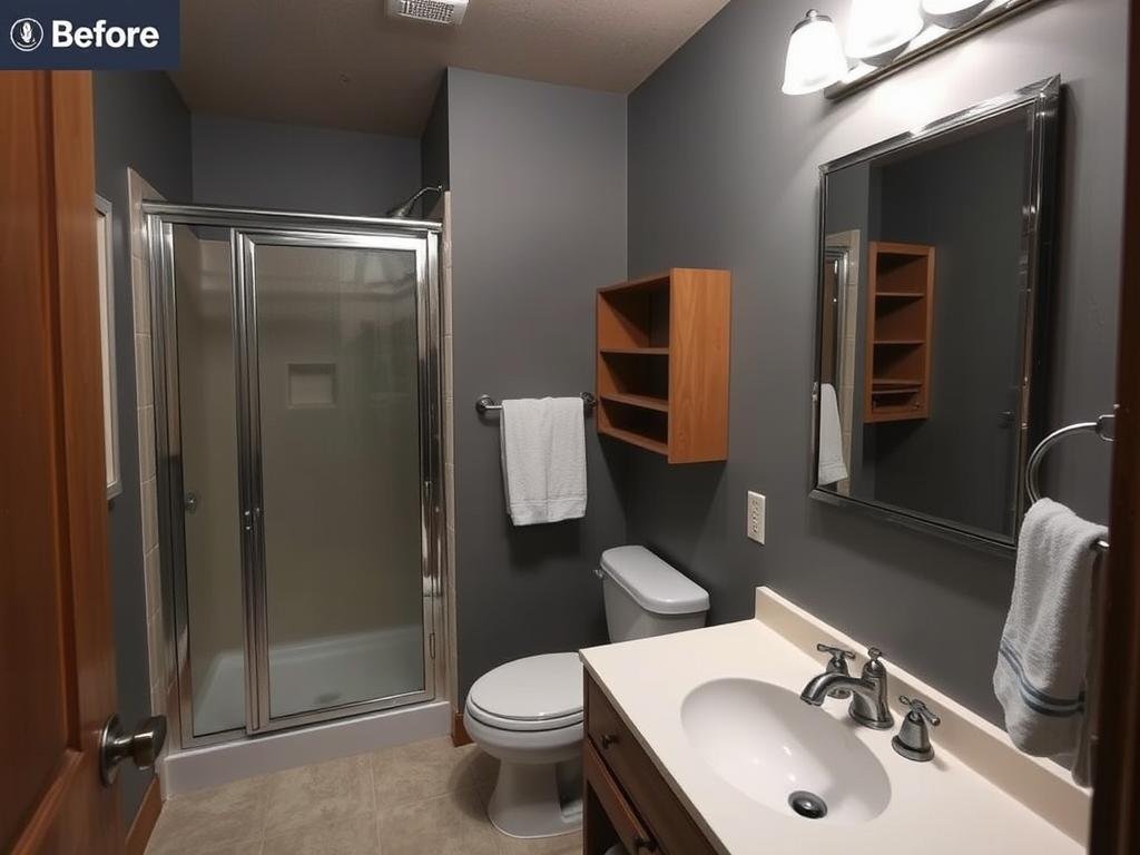 Small, cramped master bathroom before renovation with inefficient layout Small, cramped master bathroom before renovation with inefficient layout