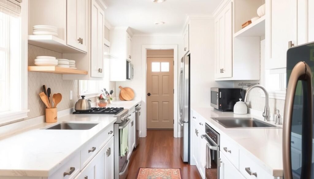 Small galley kitchen with light colors and smart storage solutions Small galley kitchen with light colors and smart storage solutions