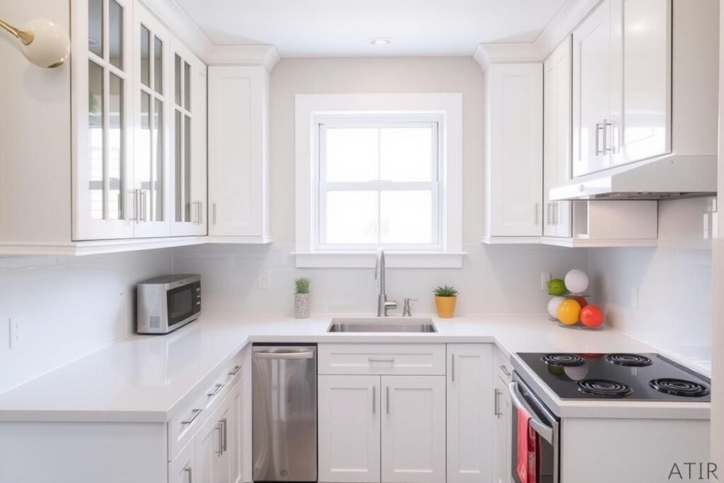 Small kitchen remodel with light colors and reflective surfaces to create a sense of space Small kitchen remodel with light colors and reflective surfaces to create a sense of space
