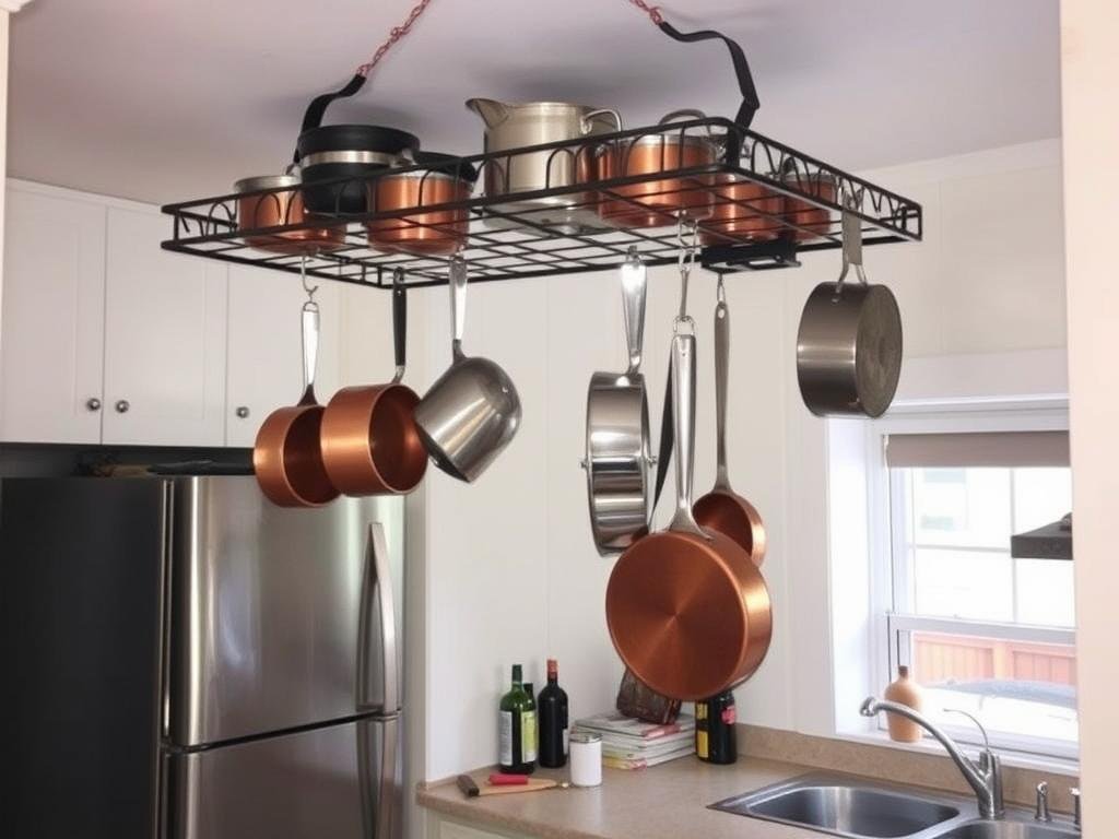 Small kitchen with ceiling-mounted pot rack over island Small kitchen with ceiling-mounted pot rack over island
