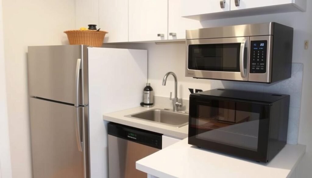 Small kitchen with compact and slim appliances that save space Small kitchen with compact and slim appliances that save space