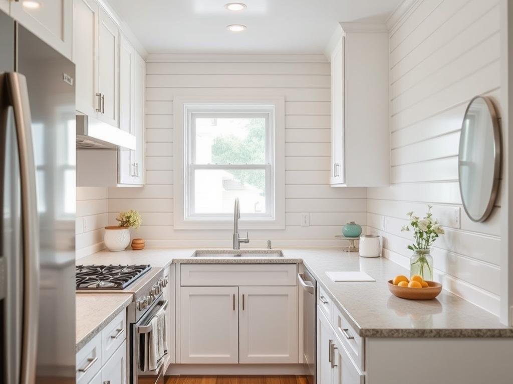 Small kitchen with horizontal striped pattern creating illusion of width Small kitchen with horizontal striped pattern creating illusion of width
