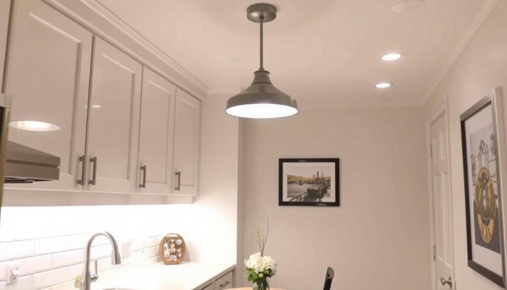 Small kitchen with layered lighting including under-cabinet lights and pendant Small kitchen with layered lighting including under-cabinet lights and pendant